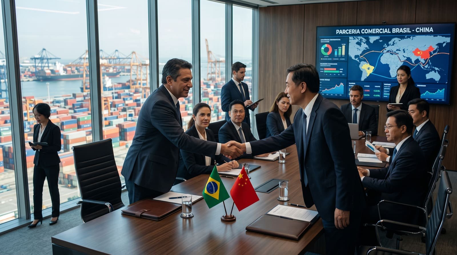 Reunião de negócios entre executivos brasileiros e chineses, com as bandeiras do Brasil e da China sobre a mesa e um porto ao fundo.